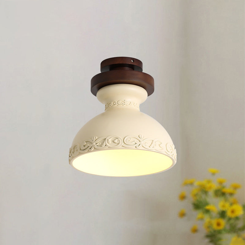 Lámpara de techo semiempotrada de 1 luz con forma de cuenco redondo tallado de resina y madera tradicional francesa para pasillo y entrada 