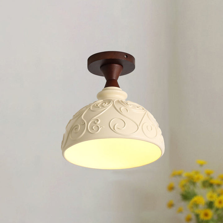 Traditional French Resin &amp; Wood Bowl-Shaped Round Carved 1-Light Semi-Flush Mount Ceiling Light For Hallway And Entryway