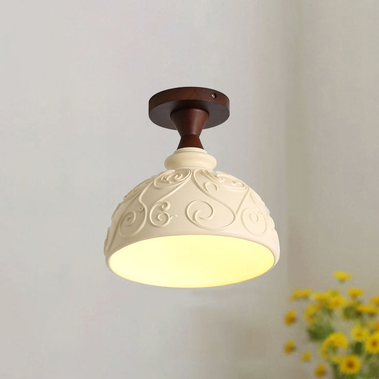 Lámpara de techo semiempotrada de 1 luz con forma de cuenco redondo tallado de resina y madera tradicional francesa para pasillo y entrada 