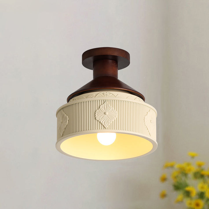 Traditional French Resin &amp; Wood Bowl-Shaped Round Carved 1-Light Semi-Flush Mount Ceiling Light For Hallway And Entryway