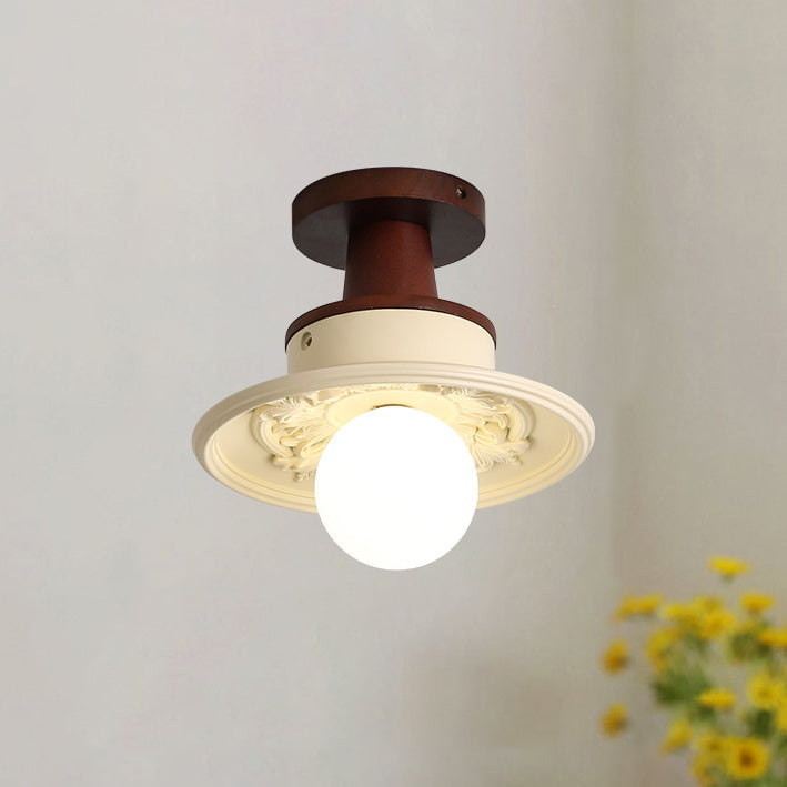 Traditional French Resin &amp; Wood Bowl-Shaped Round Carved 1-Light Semi-Flush Mount Ceiling Light For Hallway And Entryway