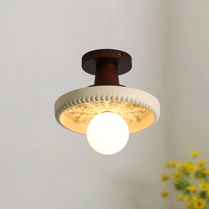 Traditional French Resin &amp; Wood Bowl-Shaped Round Carved 1-Light Semi-Flush Mount Ceiling Light For Hallway And Entryway