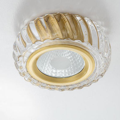Moderne Mid-Century Messing- & Kristallglas-gerippte runde LED-Deckenleuchte für Flur und Eingang 