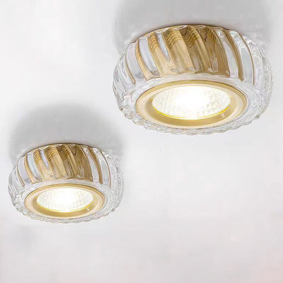 Moderne Mid-Century Messing- & Kristallglas-gerippte runde LED-Deckenleuchte für Flur und Eingang 