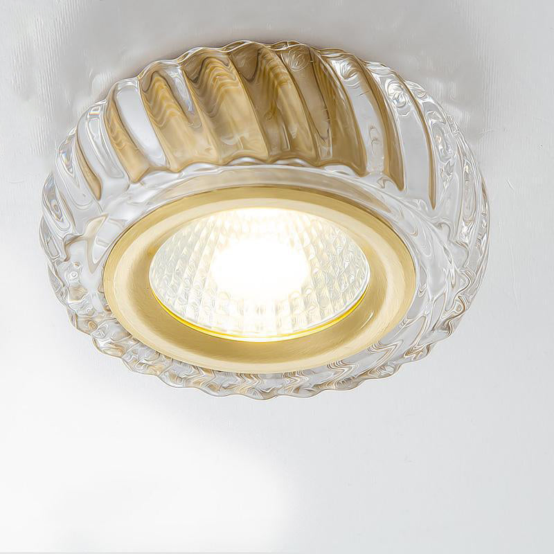 Moderne Mid-Century Messing- & Kristallglas-gerippte runde LED-Deckenleuchte für Flur und Eingang 