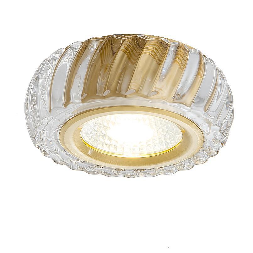 Moderne Mid-Century Messing- &amp; Kristallglas-gerippte runde LED-Deckenleuchte für Flur und Eingang 