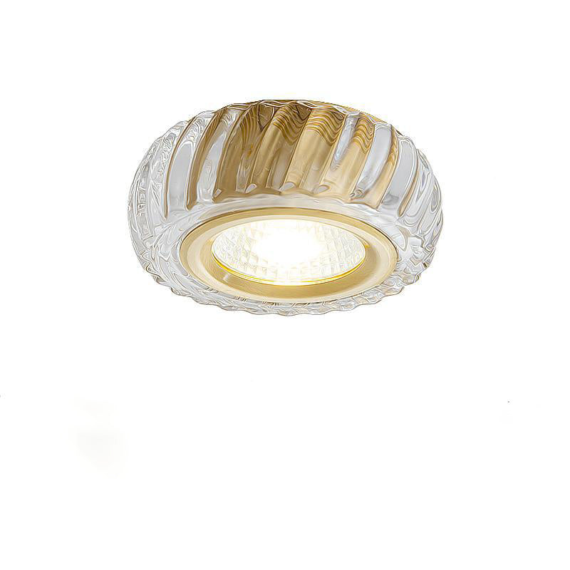Moderne Mid-Century Messing- &amp; Kristallglas-gerippte runde LED-Deckenleuchte für Flur und Eingang 