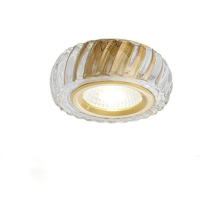 Moderne Mid-Century Messing- &amp; Kristallglas-gerippte runde LED-Deckenleuchte für Flur und Eingang 