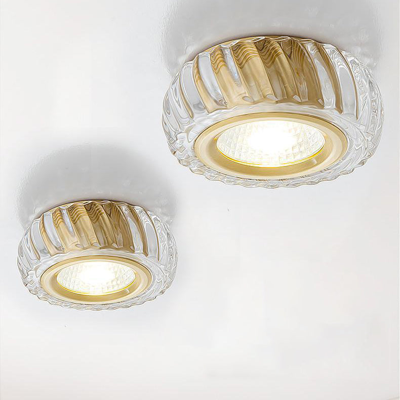 Moderne Mid-Century Messing- & Kristallglas-gerippte runde LED-Deckenleuchte für Flur und Eingang 