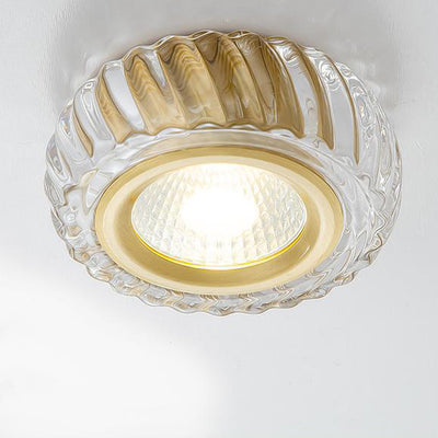 Moderne Mid-Century Messing- & Kristallglas-gerippte runde LED-Deckenleuchte für Flur und Eingang 