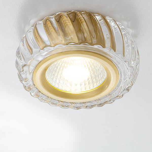 Moderne Mid-Century Messing- & Kristallglas-gerippte runde LED-Deckenleuchte für Flur und Eingang 