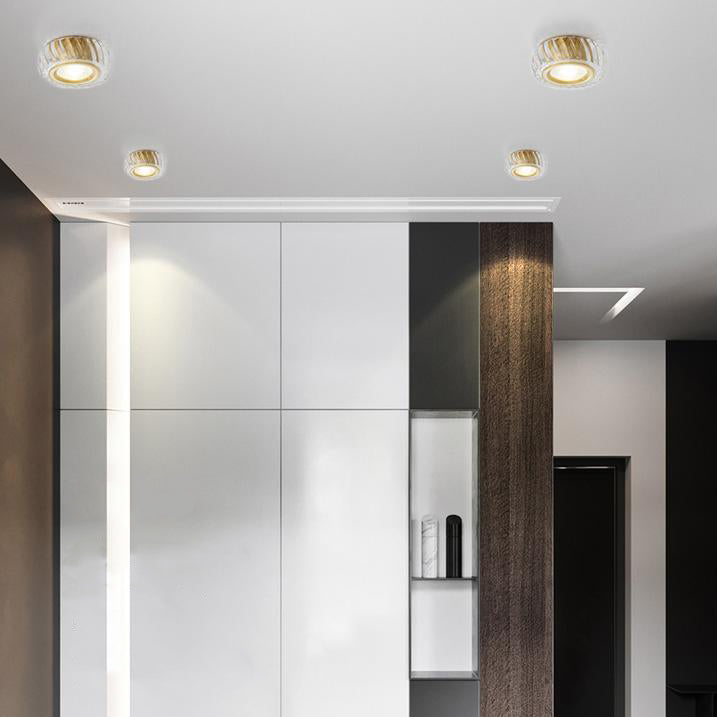 Moderne Mid-Century Messing- & Kristallglas-gerippte runde LED-Deckenleuchte für Flur und Eingang 