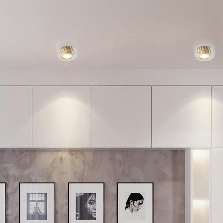 Moderne Mid-Century Messing- &amp; Kristallglas-gerippte runde LED-Deckenleuchte für Flur und Eingang 