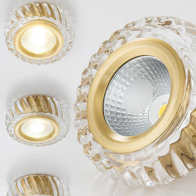 Moderne Mid-Century Messing- & Kristallglas-gerippte runde LED-Deckenleuchte für Flur und Eingang 
