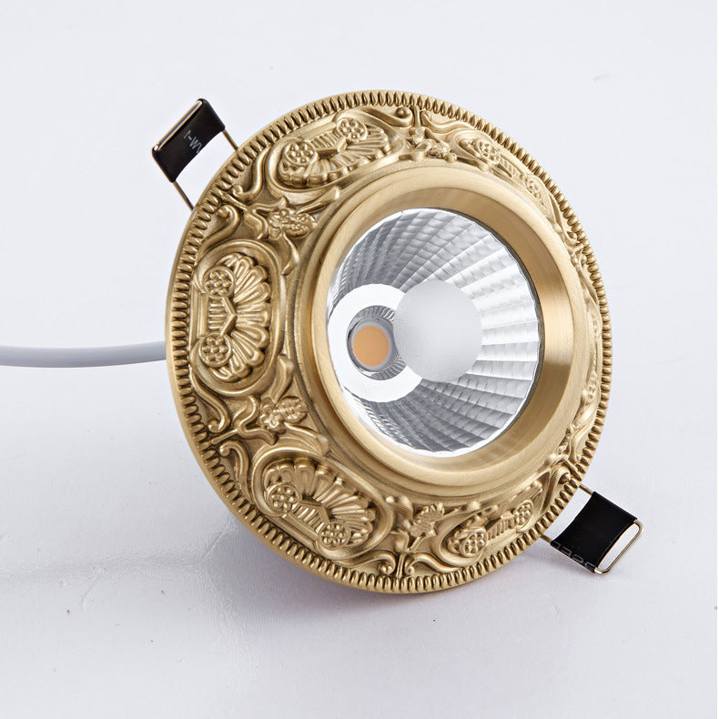Luz de techo empotrada LED redonda de latón tradicional europeo de aluminio con diseño tallado para pasillo y sala de estar 