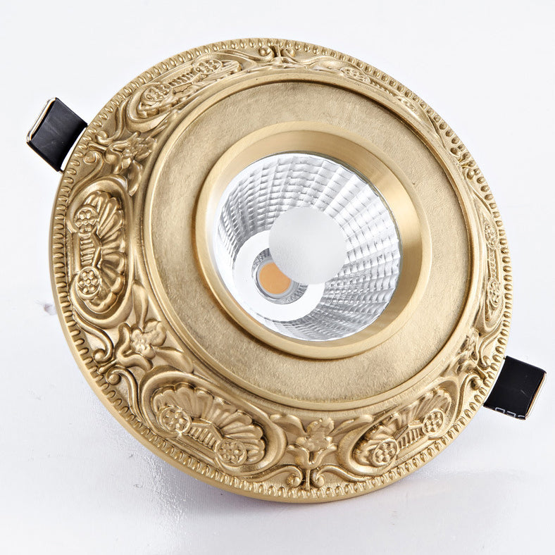 Luz de techo empotrada LED redonda de latón tradicional europeo de aluminio con diseño tallado para pasillo y sala de estar 
