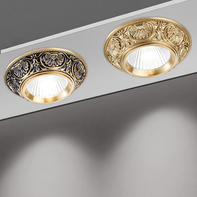 Luz de techo empotrada LED redonda de latón tradicional europeo de aluminio con diseño tallado para pasillo y sala de estar 