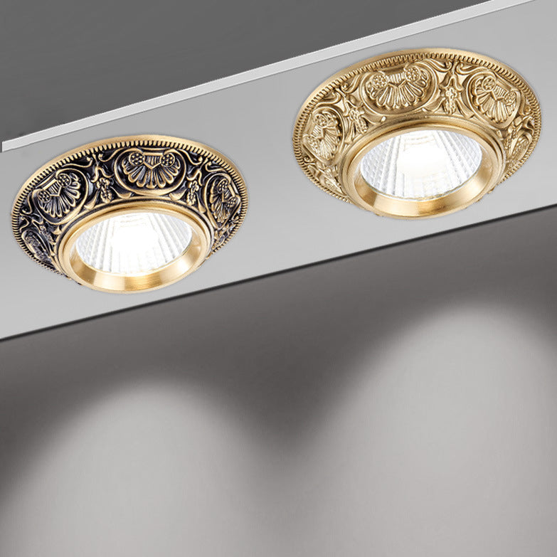 Luz de techo empotrada LED redonda de latón tradicional europeo de aluminio con diseño tallado para pasillo y sala de estar 