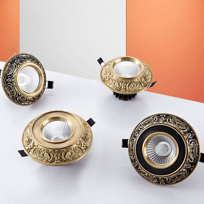 Luz de techo empotrada LED redonda de latón tradicional europeo de aluminio con diseño tallado para pasillo y sala de estar 