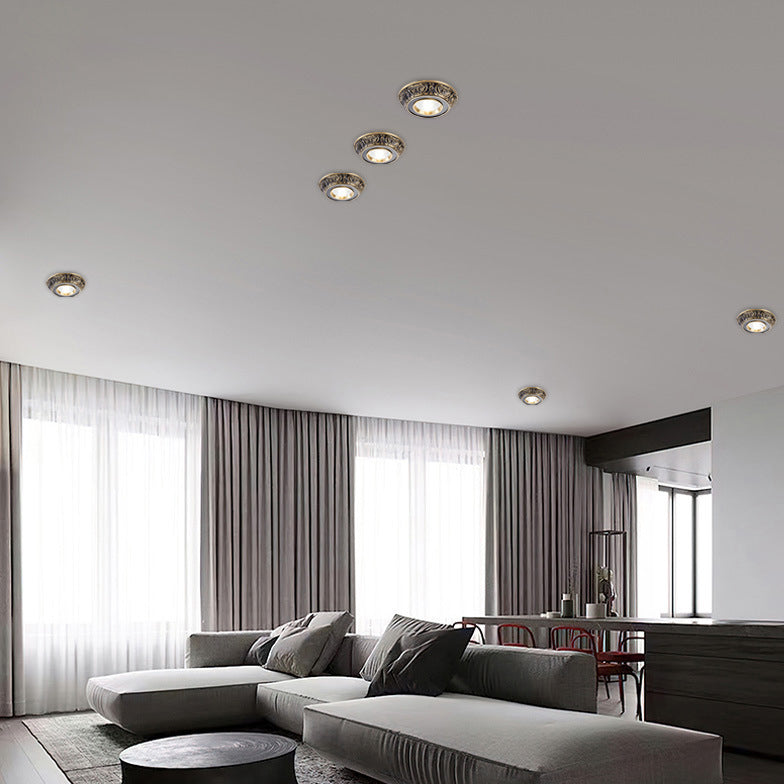 Luz de techo empotrada LED redonda de latón tradicional europeo de aluminio con diseño tallado para pasillo y sala de estar 