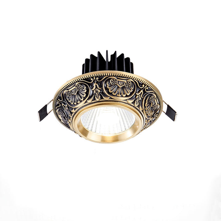 Traditional European Brass Aluminum Round Carved Spotlight LED Flush Mount Ceiling Light For Hallway And Living Room