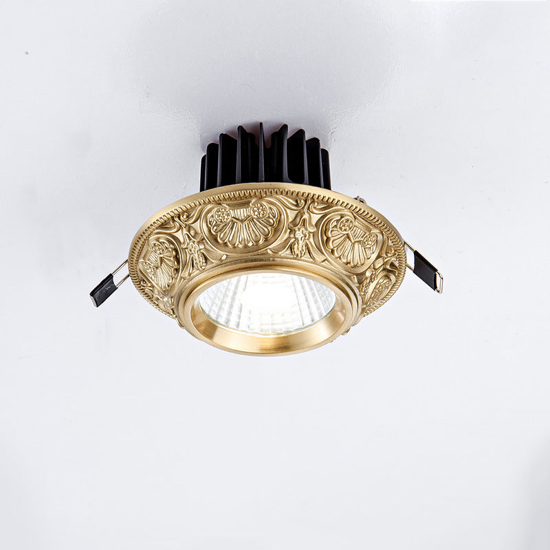 Luz de techo empotrada LED redonda de latón tradicional europeo de aluminio con diseño tallado para pasillo y sala de estar 