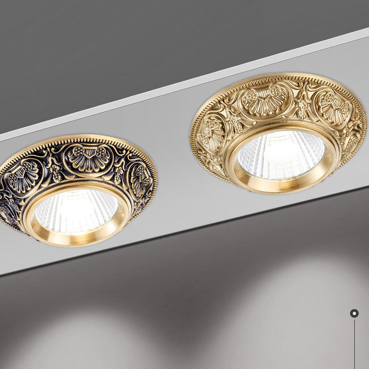 Luz de techo empotrada LED redonda de latón tradicional europeo de aluminio con diseño tallado para pasillo y sala de estar 