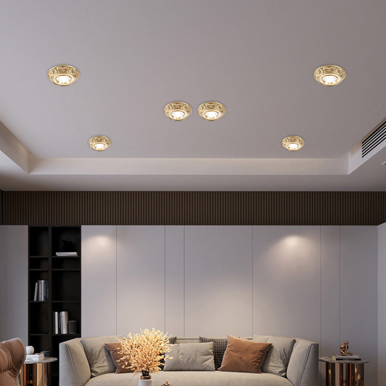 Traditional European Brass Aluminum Round Carved Spotlight LED Flush Mount Ceiling Light For Hallway And Living Room