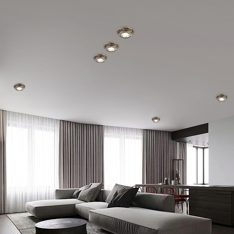 Traditional European Brass Aluminum Round Carved Spotlight LED Flush Mount Ceiling Light For Hallway And Living Room