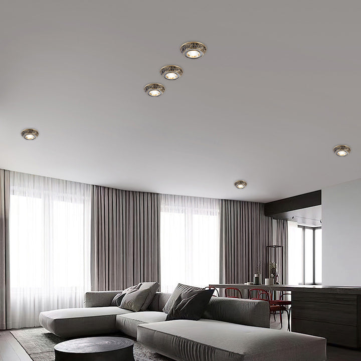 Traditional European Brass Aluminum Round Carved Spotlight LED Flush Mount Ceiling Light For Hallway And Living Room