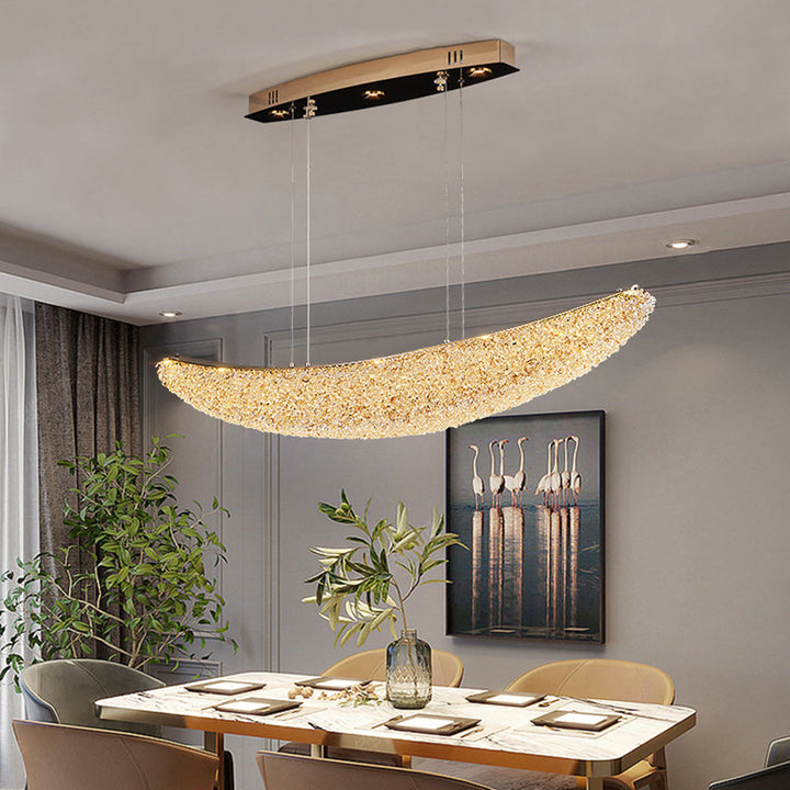 Moderne Luxus Kristall Metall Bananenförmiges Boot LED Kronleuchter Insel Licht für Esszimmer 
