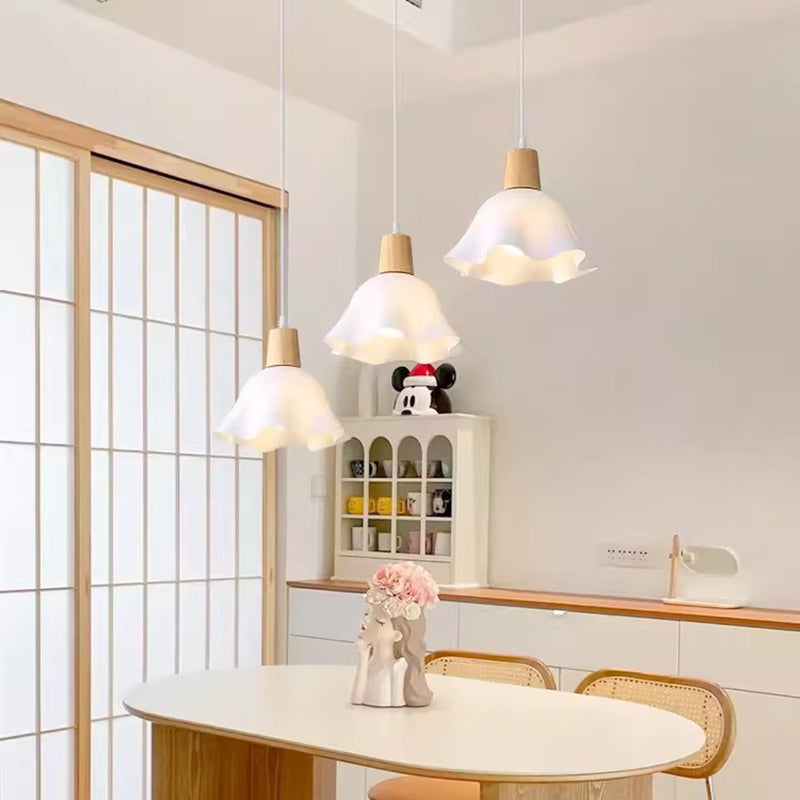 Traditional Japanese Rubberwood Acrylic Floral 1/3-Light Pendant Light For Dining Room