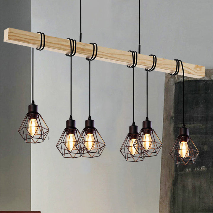 Zeitgenössischer Industrieholz- und Eisen-Granate Linear 3/4/6-Licht Kronleuchter Insel Licht für Esszimmer 