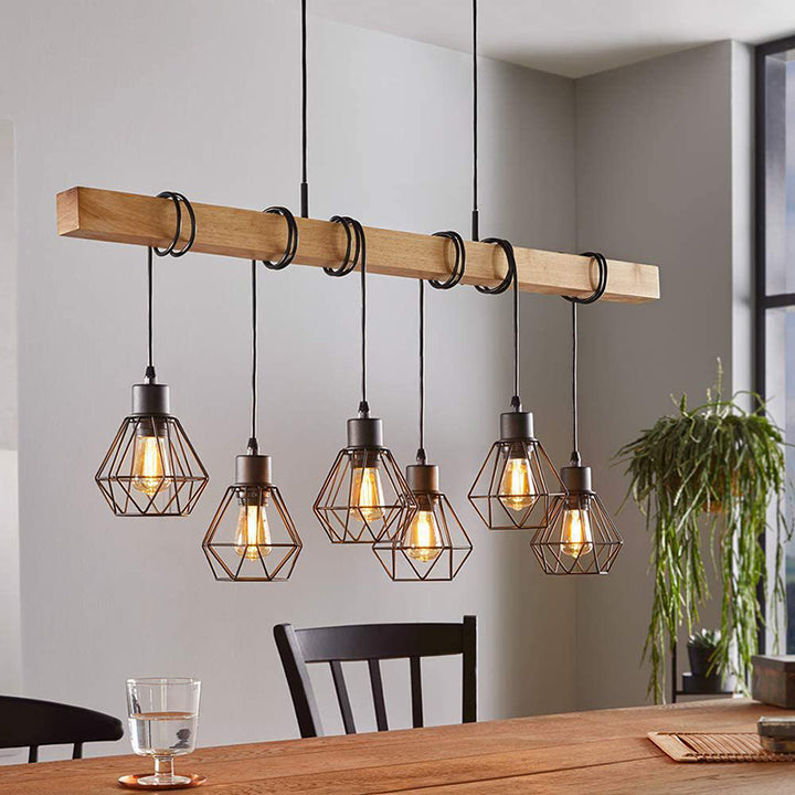 Zeitgenössischer Industrieholz- und Eisen-Granate Linear 3/4/6-Licht Kronleuchter Insel Licht für Esszimmer 