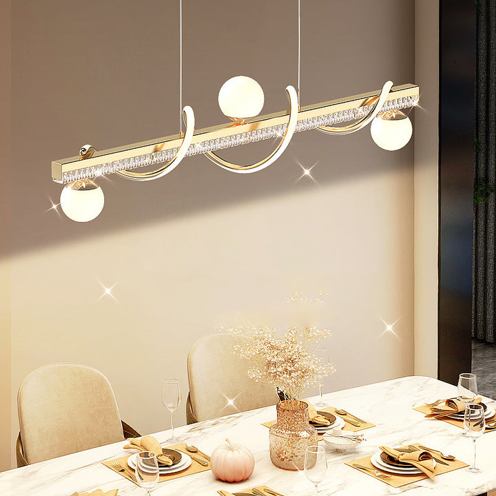 Moderne Luxus Eisen- und Acryl-Wellen-Globus-LED-Kronleuchter-Insellicht für das Esszimmer 