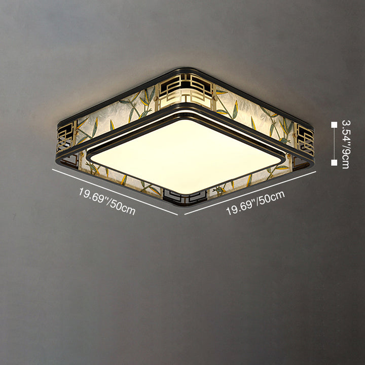 Traditional Chinese Iron Glass Bamboo Leaf Round Square Rectangular LED Flush Mount Ceiling Light For Living Room And Bedroom