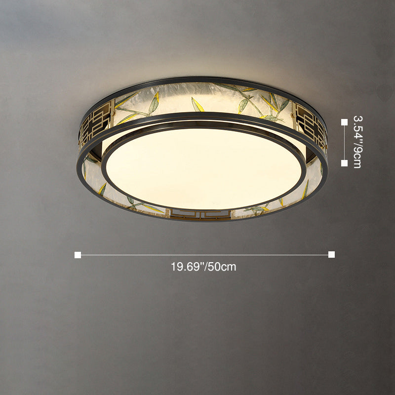 Traditional Chinese Iron Glass Bamboo Leaf Round Square Rectangular LED Flush Mount Ceiling Light For Living Room And Bedroom