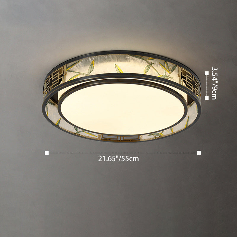 Traditional Chinese Iron Glass Bamboo Leaf Round Square Rectangular LED Flush Mount Ceiling Light For Living Room And Bedroom