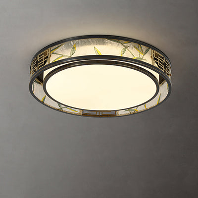伝統的な中国の真鍮とガラスの竹の葉の丸型、四角形、長方形のLEDフラッシュマウント天井ライト、リビングルームとベッドルーム用 