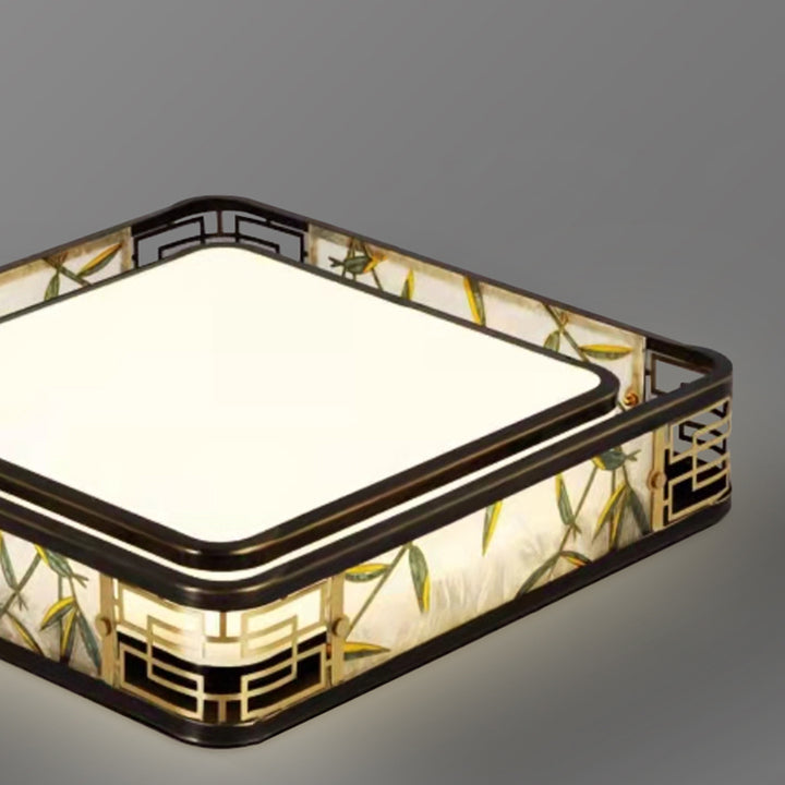 Traditional Chinese Iron Glass Bamboo Leaf Round Square Rectangular LED Flush Mount Ceiling Light For Living Room And Bedroom