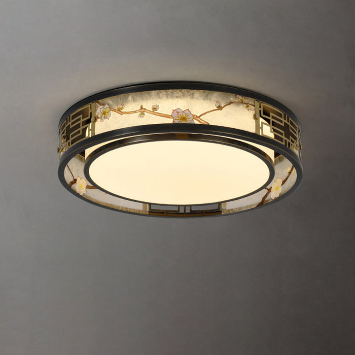 Traditional Chinese Brass And Glass Lotus Plum Blossom Round Square Rectangular LED Flush Mount Ceiling Light For Living Room And Bedroom