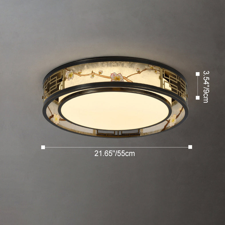 伝統的な中国の真鍮とガラスの蓮と梅の花の丸型、四角形、長方形のLEDフラッシュマウント天井ライト、リビングルームとベッドルーム用 