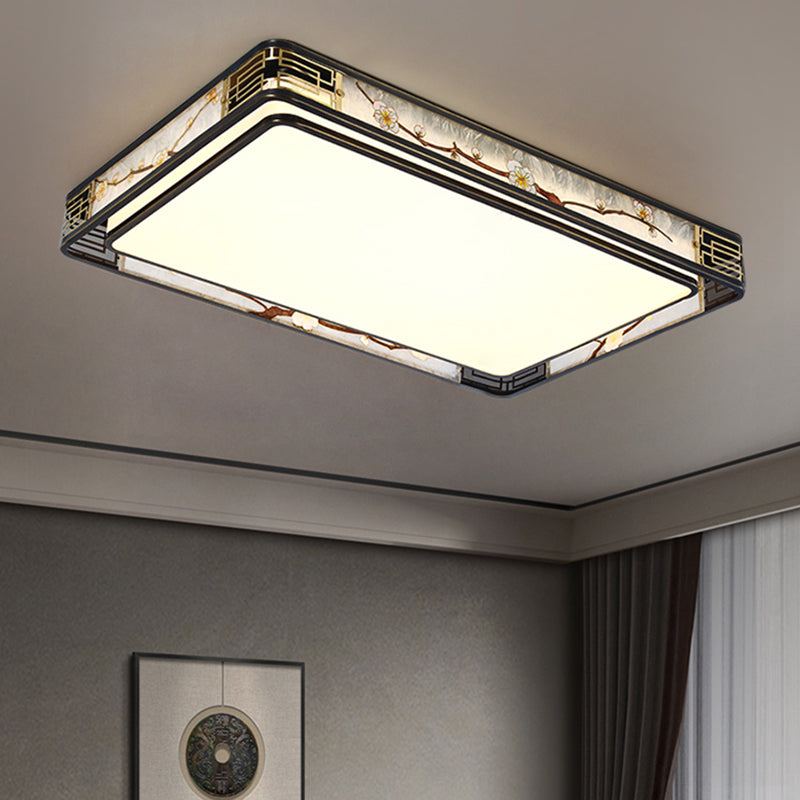 伝統的な中国の真鍮とガラスの蓮と梅の花の丸型、四角形、長方形のLEDフラッシュマウント天井ライト、リビングルームとベッドルーム用 