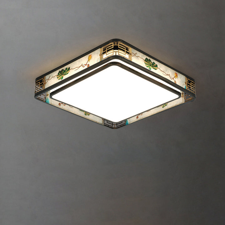 Traditional Chinese Brass And Glass Lotus Plum Blossom Round Square Rectangular LED Flush Mount Ceiling Light For Living Room And Bedroom