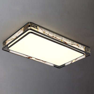 伝統的な中国の真鍮とガラスの蓮と梅の花の丸型、四角形、長方形のLEDフラッシュマウント天井ライト、リビングルームとベッドルーム用 