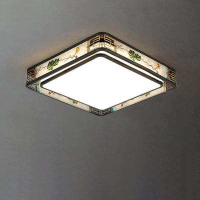 伝統的な中国の真鍮とガラスの蓮と梅の花の丸型、四角形、長方形のLEDフラッシュマウント天井ライト、リビングルームとベッドルーム用 