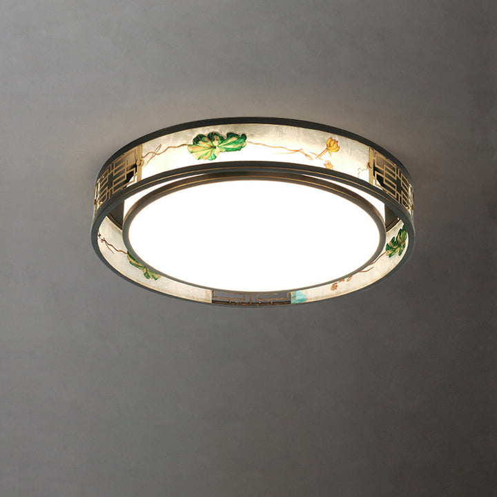 Traditional Chinese Brass And Glass Lotus Plum Blossom Round Square Rectangular LED Flush Mount Ceiling Light For Living Room And Bedroom
