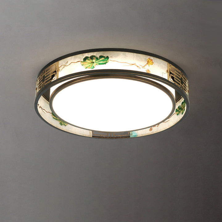 Traditional Chinese Brass And Glass Lotus Plum Blossom Round Square Rectangular LED Flush Mount Ceiling Light For Living Room And Bedroom