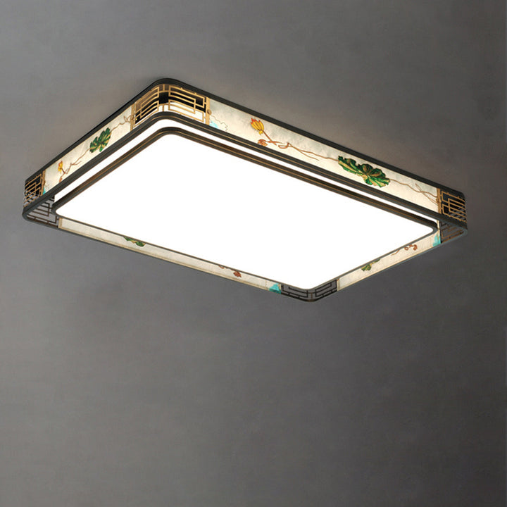 Traditional Chinese Brass And Glass Lotus Plum Blossom Round Square Rectangular LED Flush Mount Ceiling Light For Living Room And Bedroom