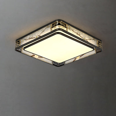 伝統的な中国の真鍮とガラスの蓮と梅の花の丸型、四角形、長方形のLEDフラッシュマウント天井ライト、リビングルームとベッドルーム用 